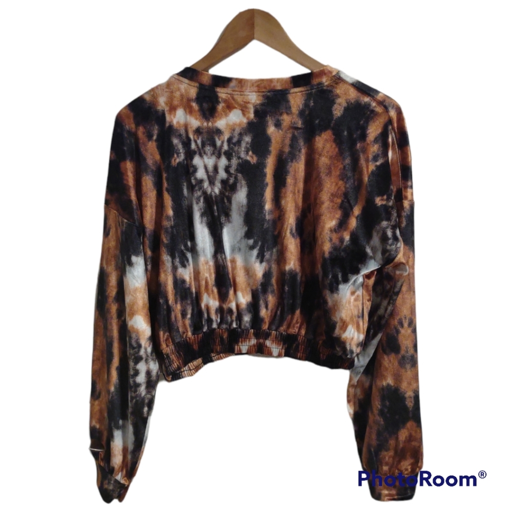 Topshop Women's Tie Dye Long Sleeve Stretch Velvet Top In Orange Multi - Picture 5 of 6